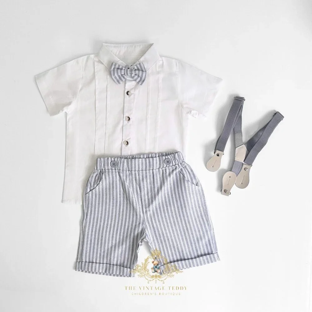 NWT Handsome Boys Oxford Button Down Shirt Shorts & Bow Tie Matching Set 18-24M